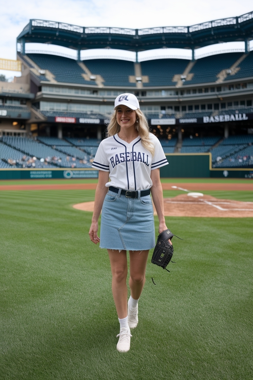 Baseball Game Outfit Women Denim Skirt: Casual and Cute outfit idea