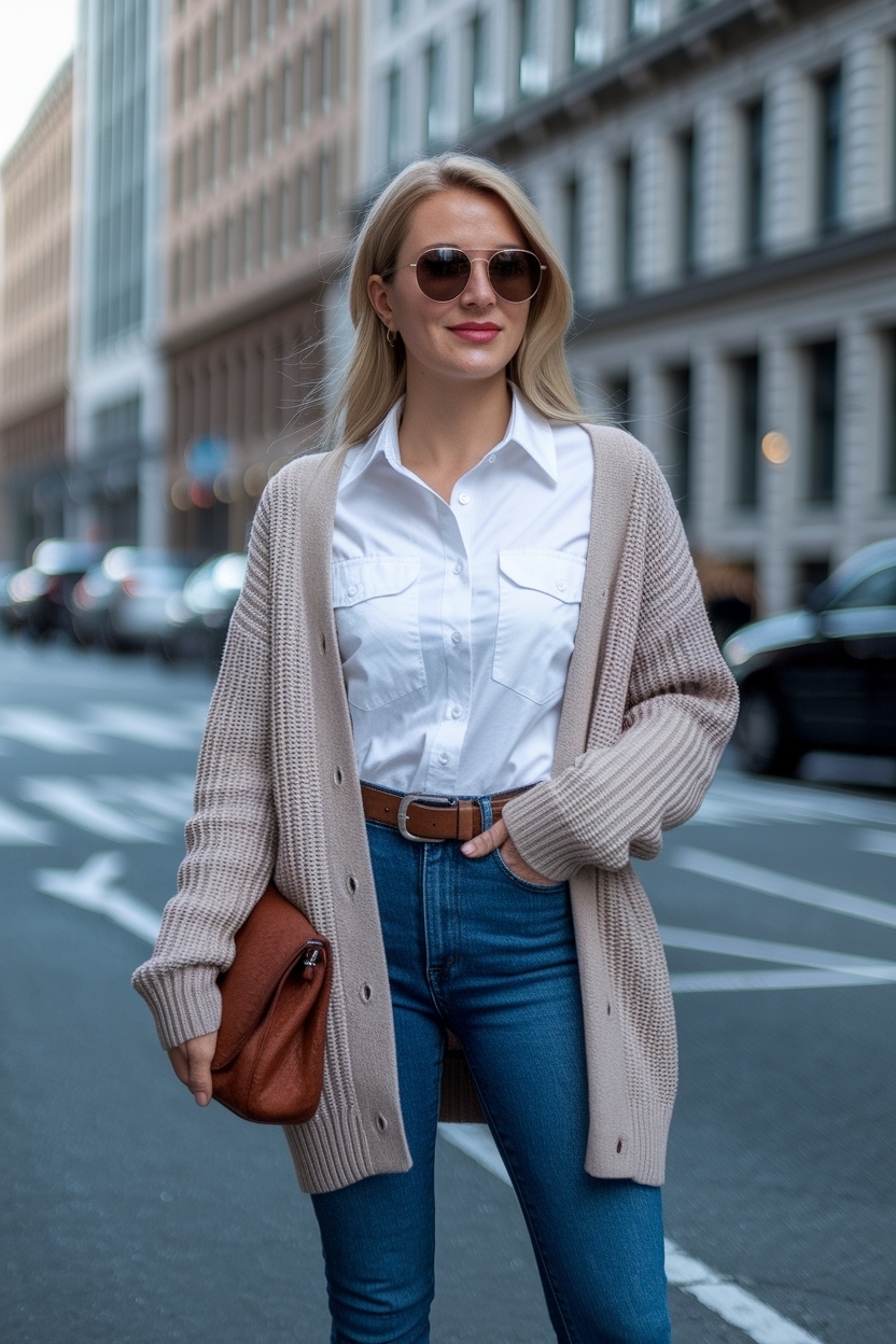 Elegant Button Up Shirt Outfit Women with Cardigans outfit idea