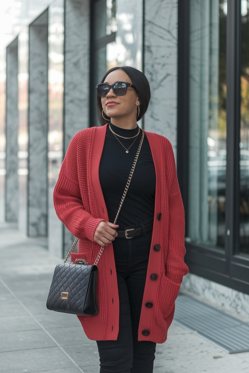 Cardigan Outfit Black Women Red: Bold Fashion Statements outfit idea