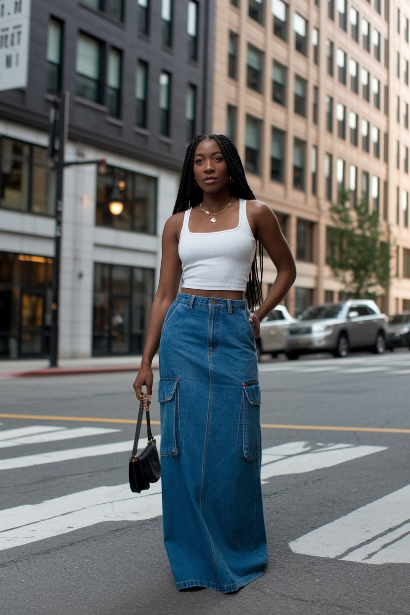 Cargo denim maxi skirt outfit black women for chic ensembles outfit idea