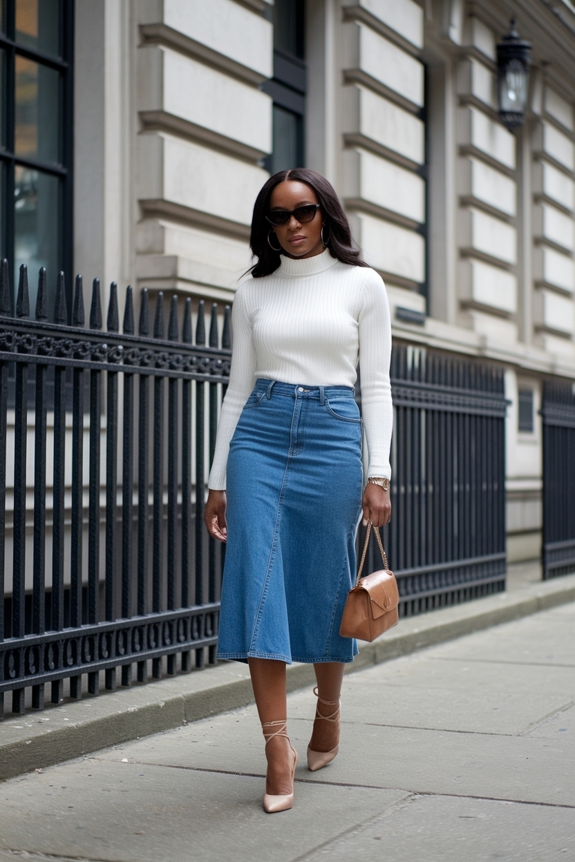 Denim Midi Skirt Outfit Black Women: Elegant Casualwear outfit idea