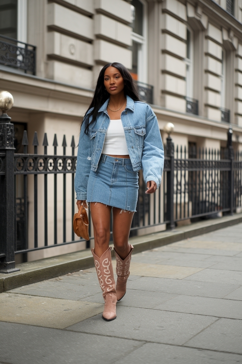 Denim Mini Skirt and Boots Outfit Black Women: Style Guide outfit idea