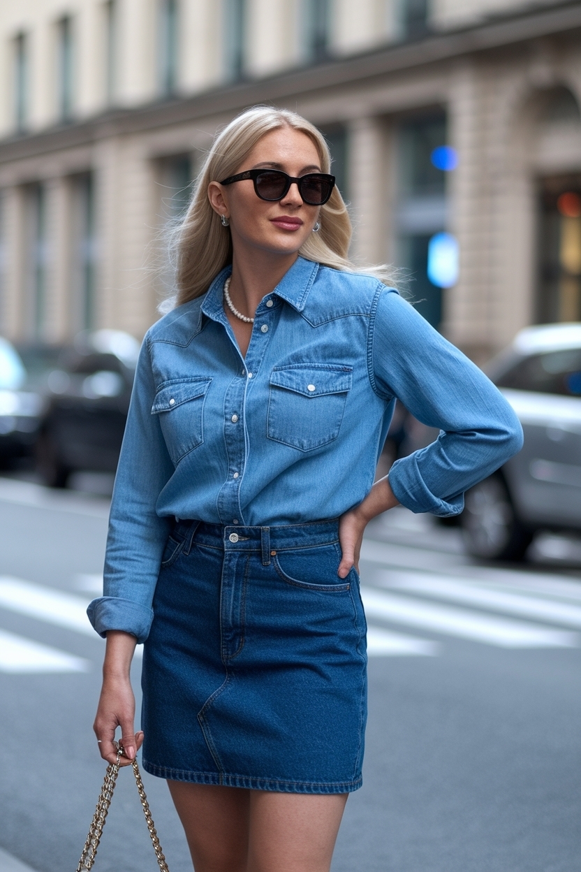 Denim Shirt and Denim Skirt Outfit Women Love outfit idea