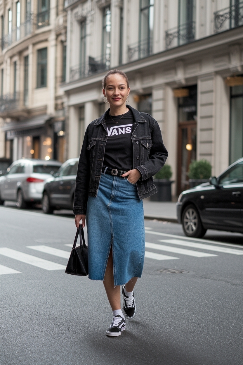 Denim Skirt Outfit Black Women Vans: Casual Footwear Pairings outfit idea