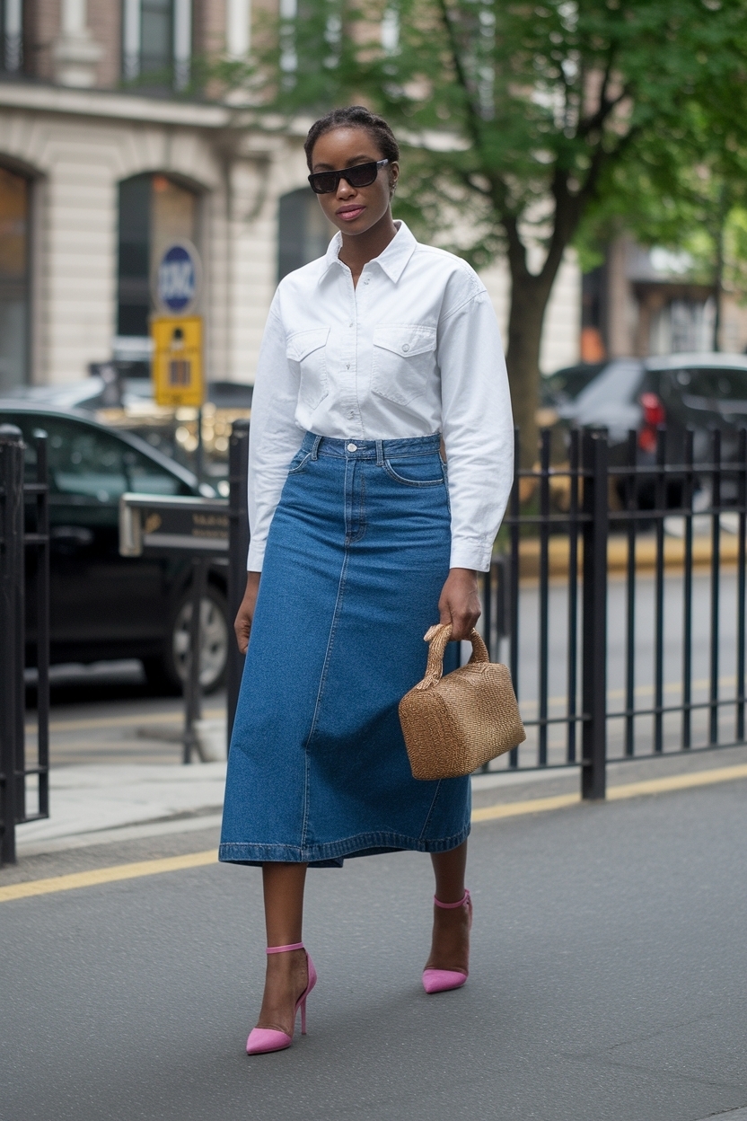 Denim Skirt Outfit Heels Black Women: Trendy Looks outfit idea