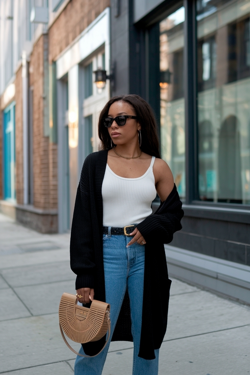 Drop Shoulder Cardigan Outfit Black Women in Style outfit idea
