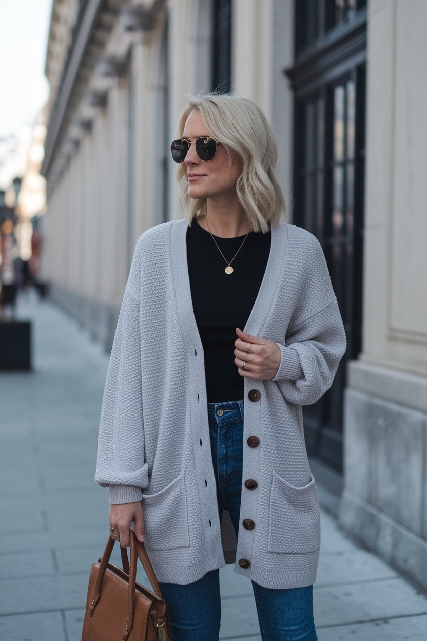 Sophisticated Gray Button Up Cardigan Outfit Women outfit idea