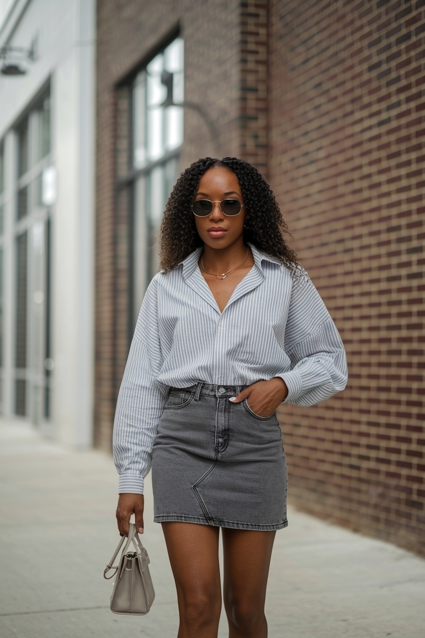 Trendy Grey Denim Mini Skirt Outfit for Black Women outfit idea