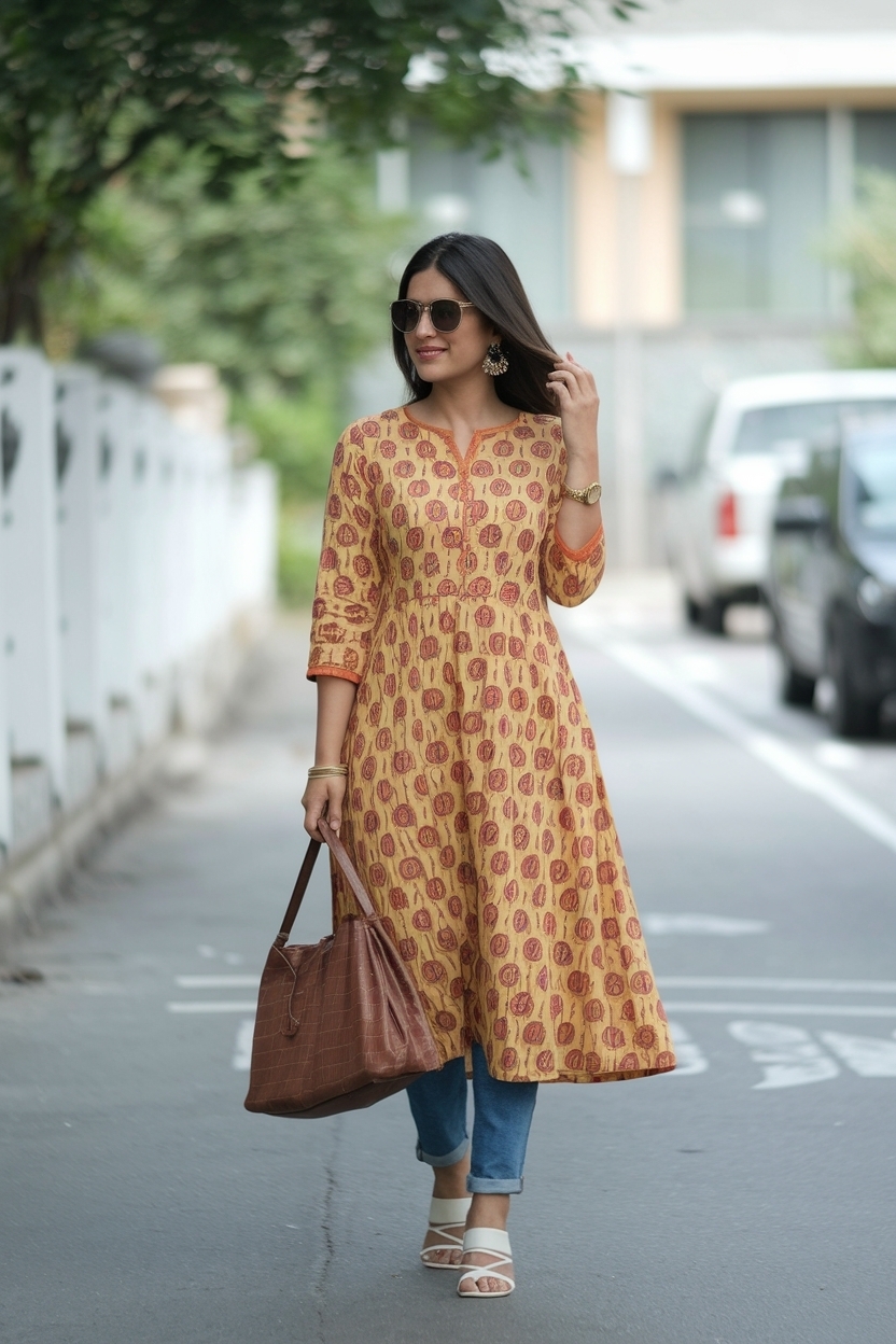 Kurti with Jeans Outfit Ideas for Fashion-Forward Women outfit idea