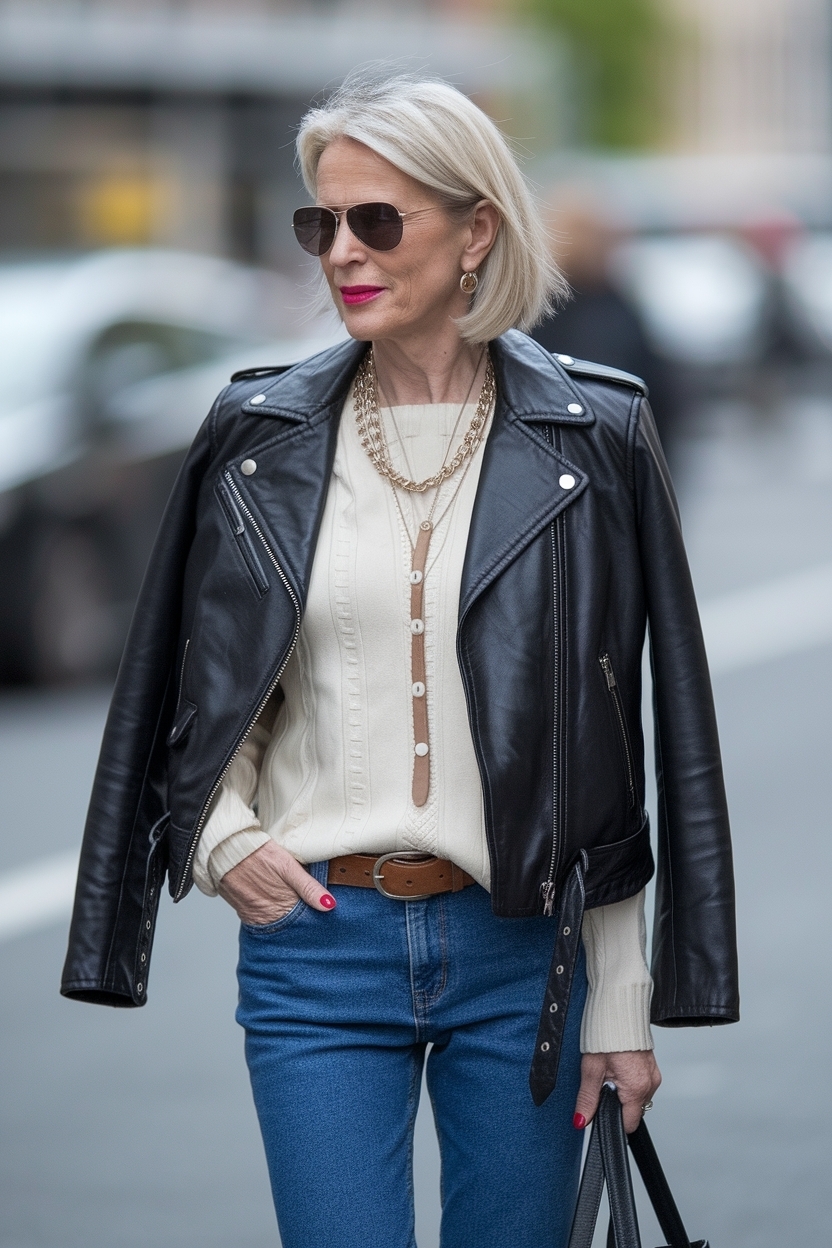 Leather Jacket Outfit Women Over 40 for Timeless Looks outfit idea