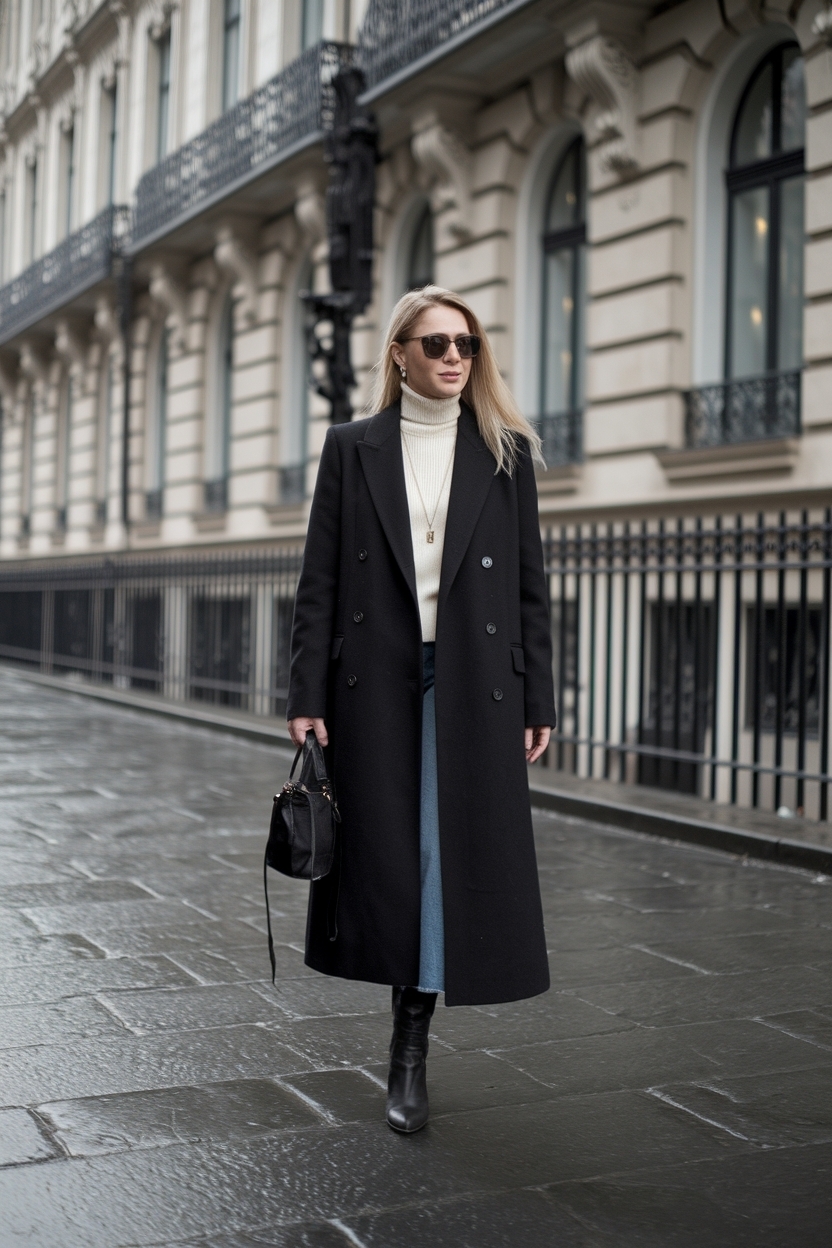 Long Black Coat Outfit Winter Classy: Sophisticated Layers outfit idea