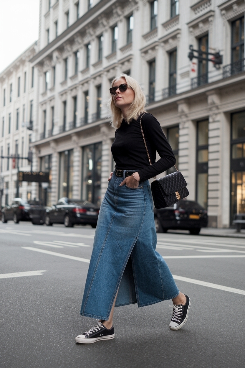 Sneaker Style Long Denim Skirt Outfit for Black Women outfit idea