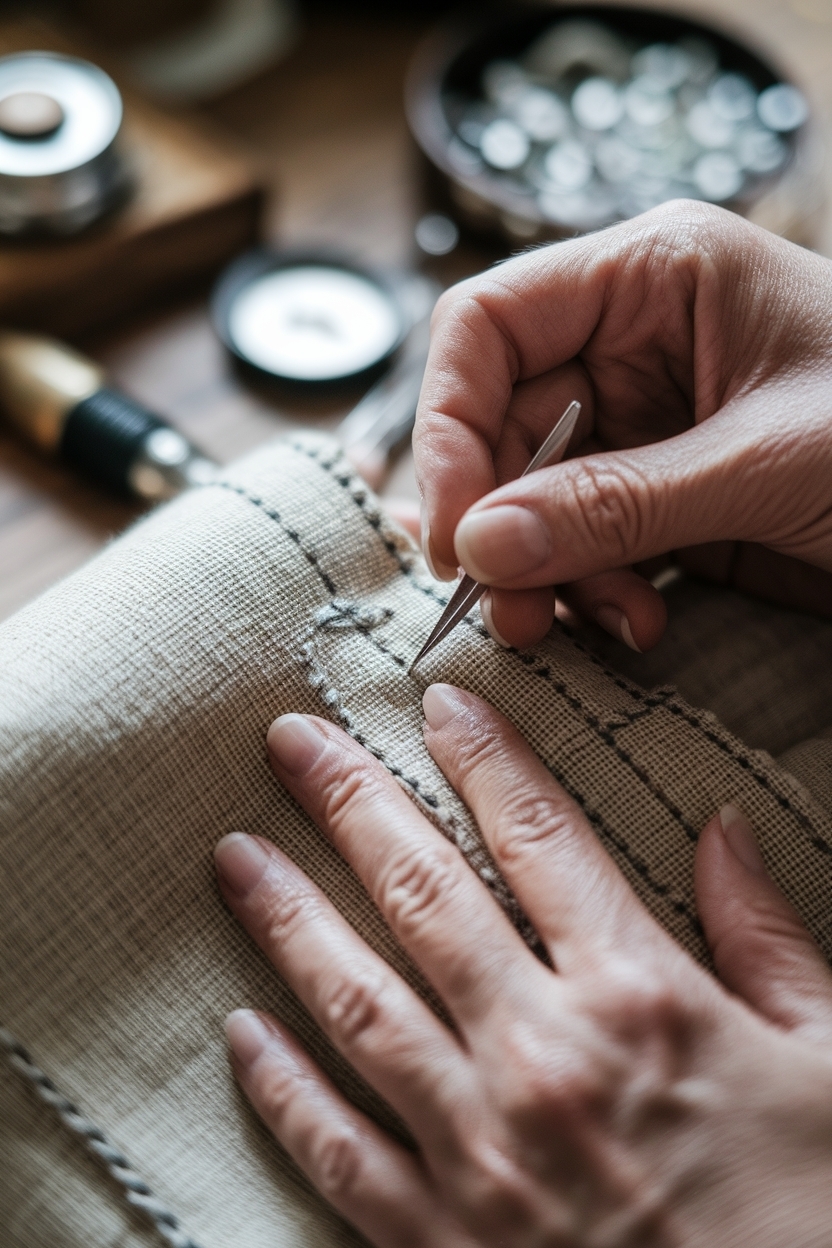 Macro Shot of Hand Stitching on Linen Tee outfit idea