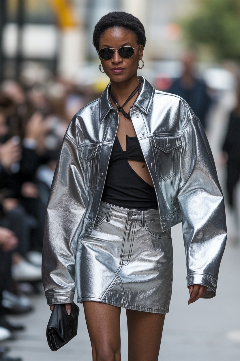 Metallic Denim Skirt Outfit for Black Women outfit idea