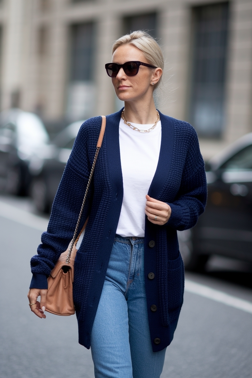 Navy Blue Cardigan Women Outfit for Chic Layering outfit idea