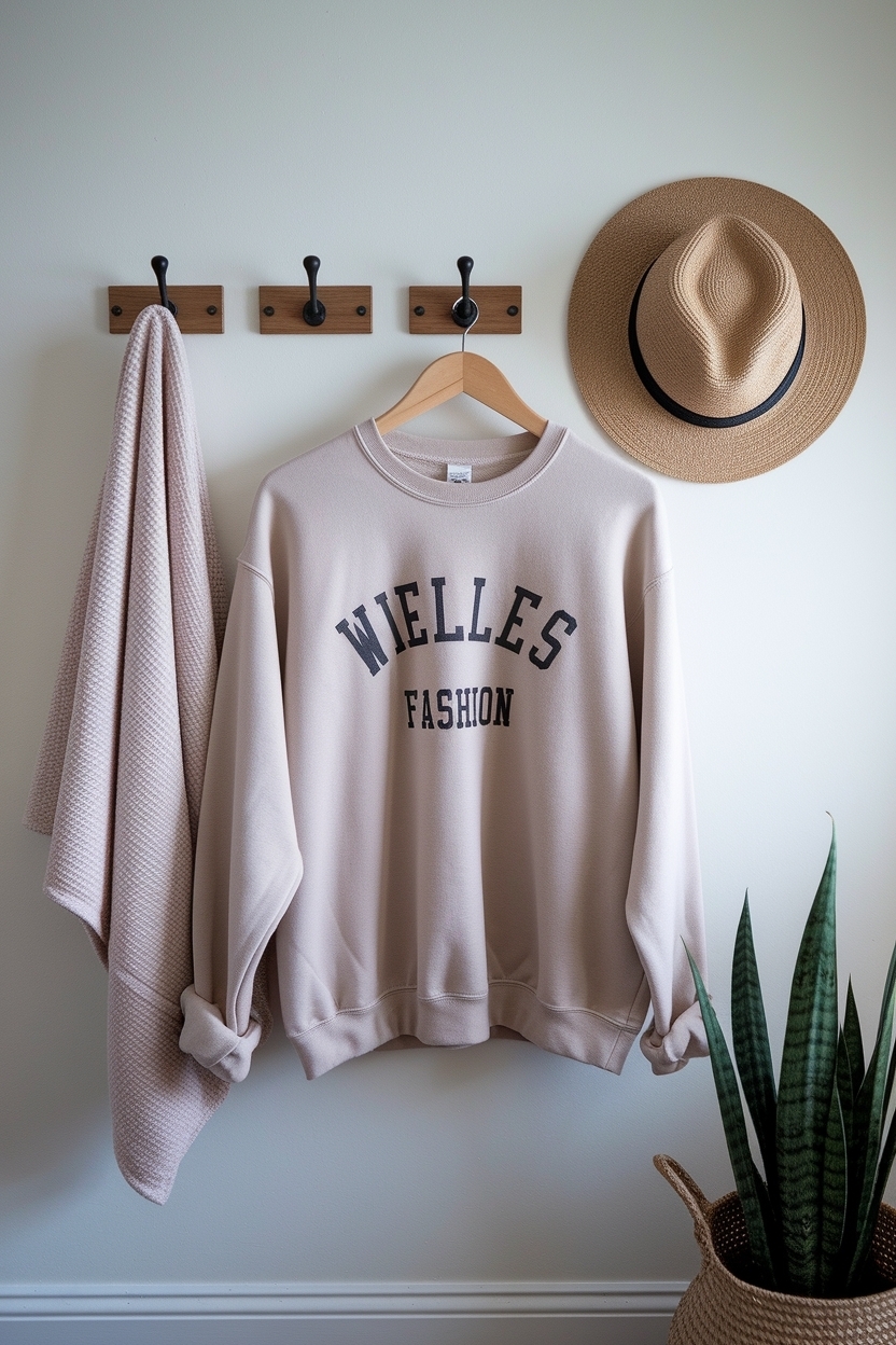 Neutral Sweatshirt on Wooden Hanger: Styling Tips outfit idea