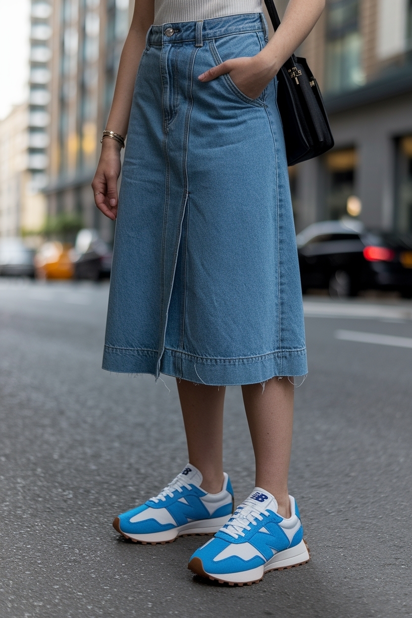 New Balance 327 Women Outfit Denim Skirt for Summer Style outfit idea