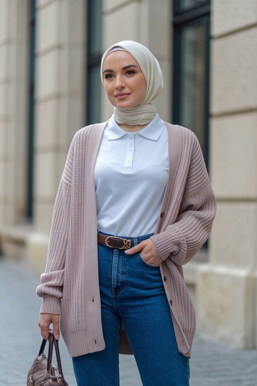 Outfit Polo Cardigan Women Hijab: Perfect Layering outfit idea
