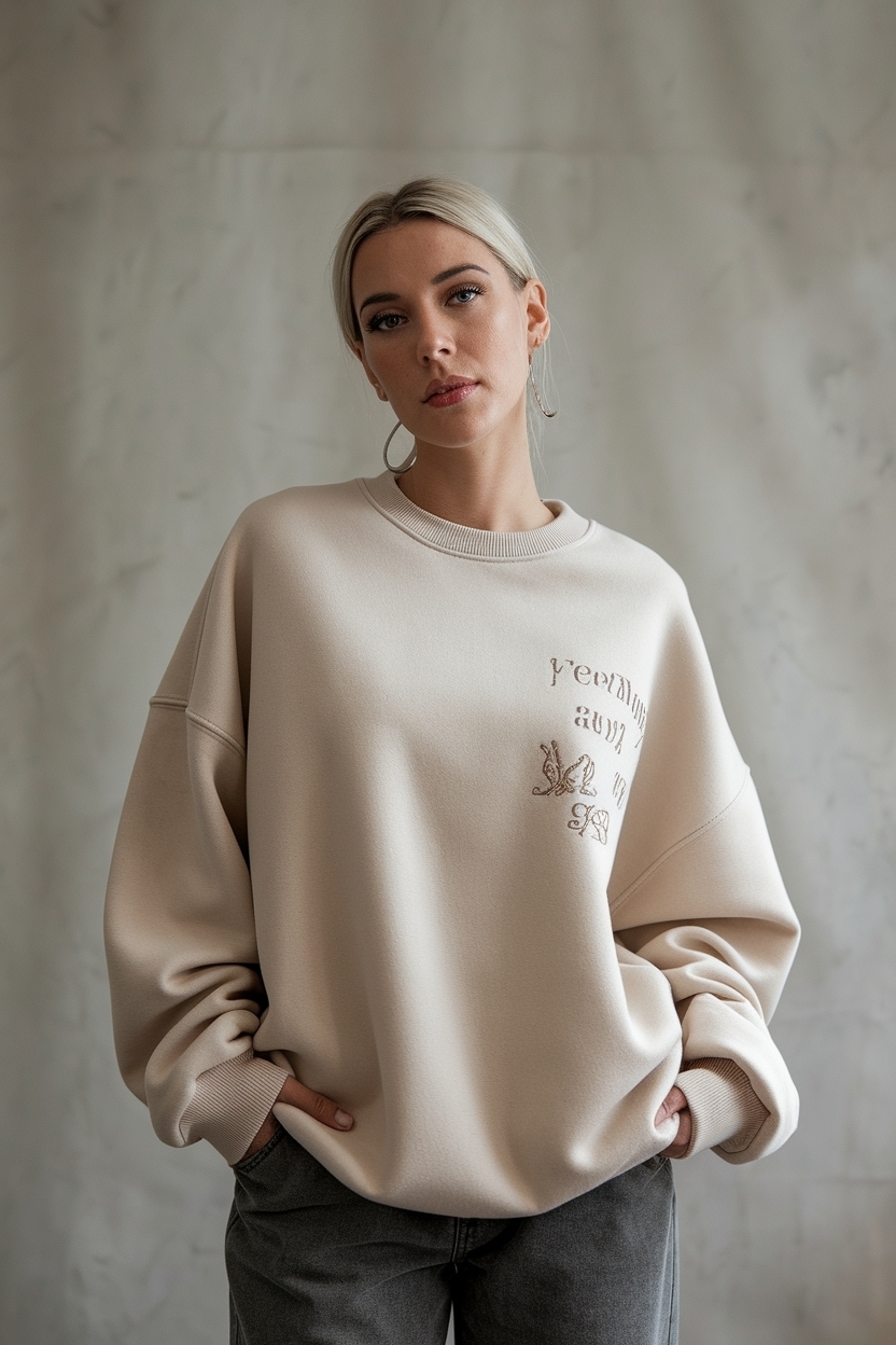 Oversized Beige Sweatshirt with Embroidery Trends outfit idea