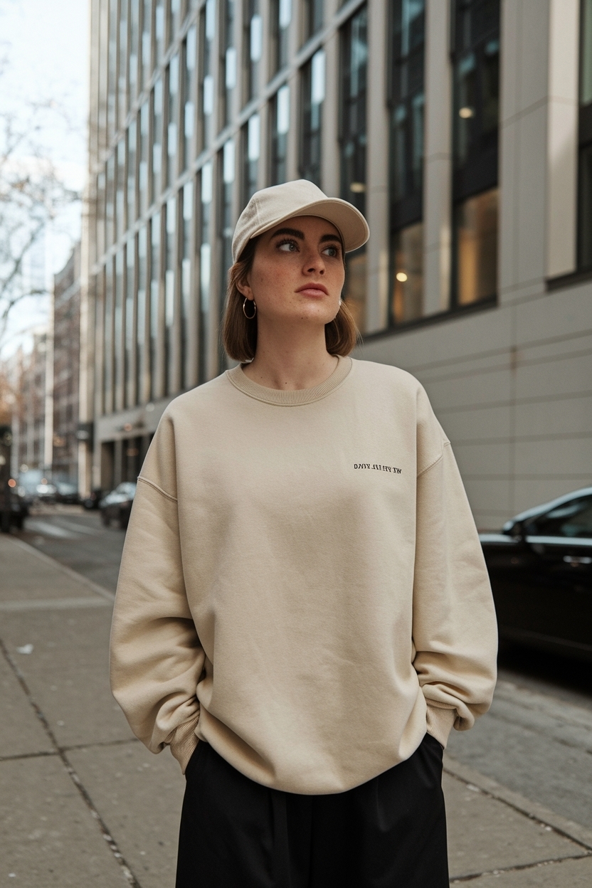 Oversized Unisex Beige Sweatshirt with Relaxed Fit outfit idea