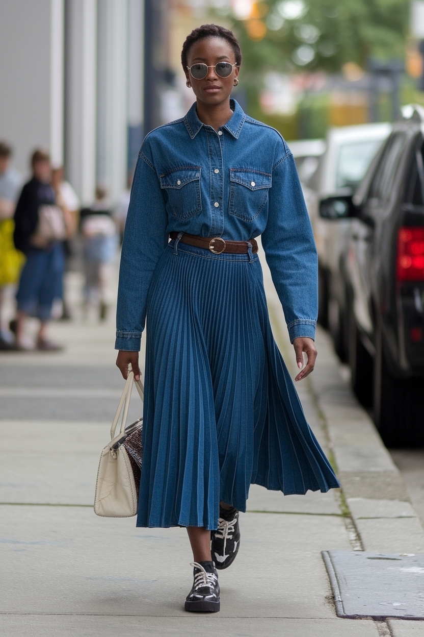 Pleated Skirt Denim Outfit Ideas for Black Women outfit idea