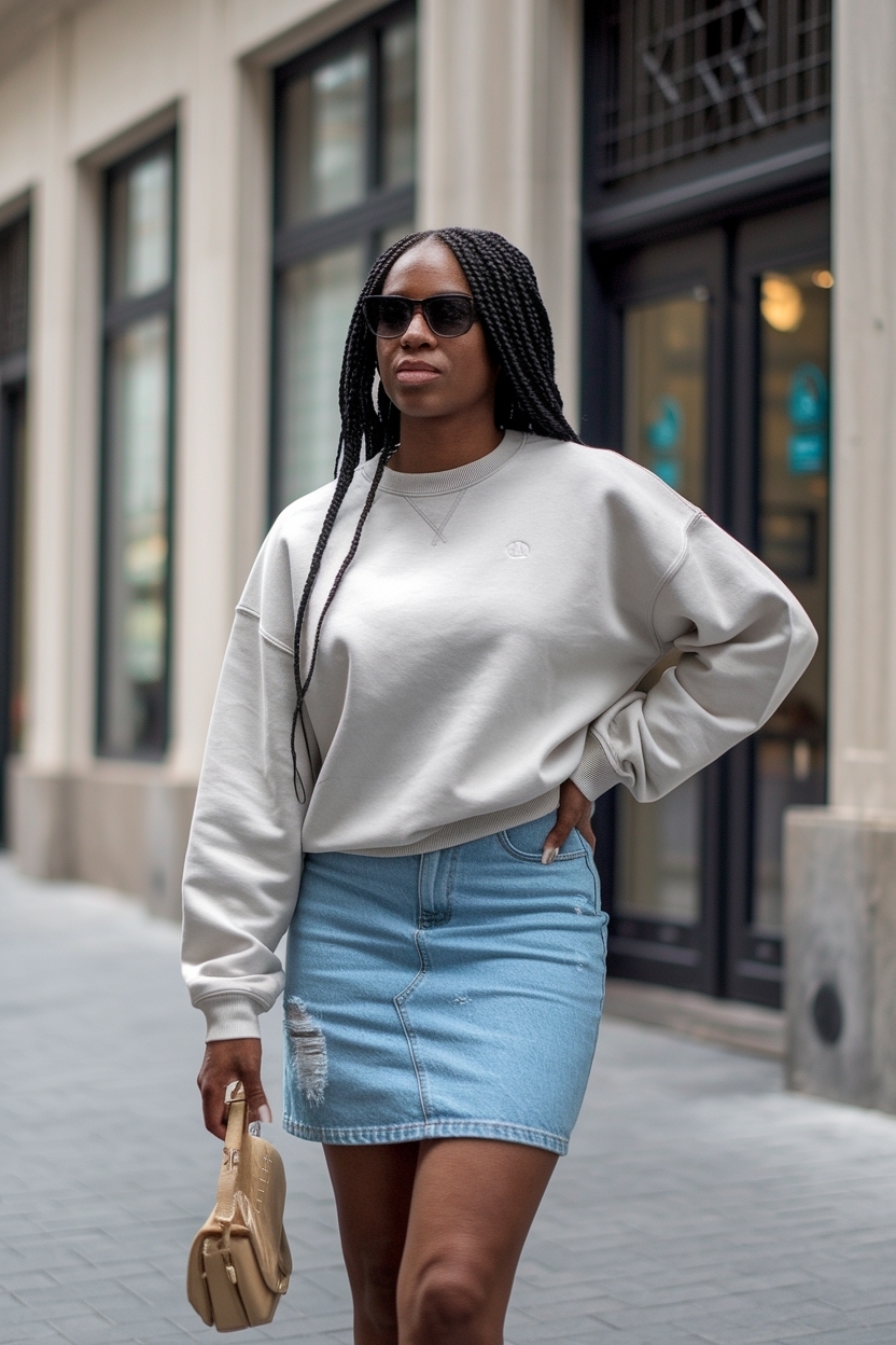 Sweatshirt and Denim Skirt Outfit Black: Casual Chic Look outfit idea