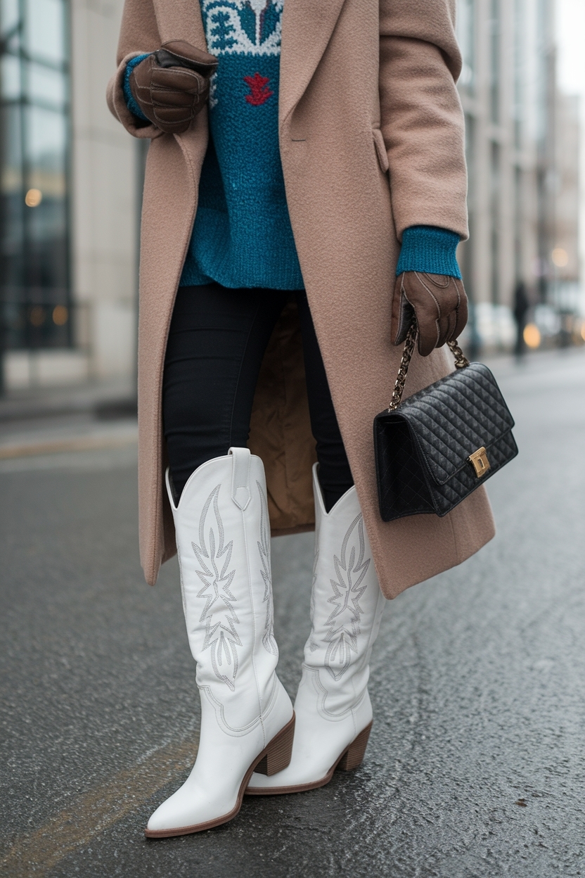White Cowboy Boots Outfit Winter: Chic and Versatile Styles outfit idea