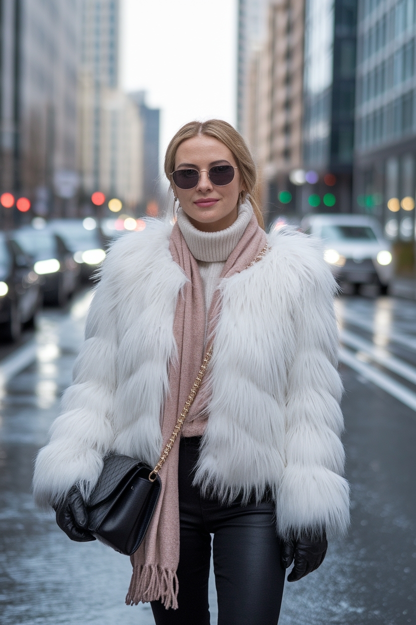 White Fur Jacket Outfit Winter: Glamorous Looks outfit idea