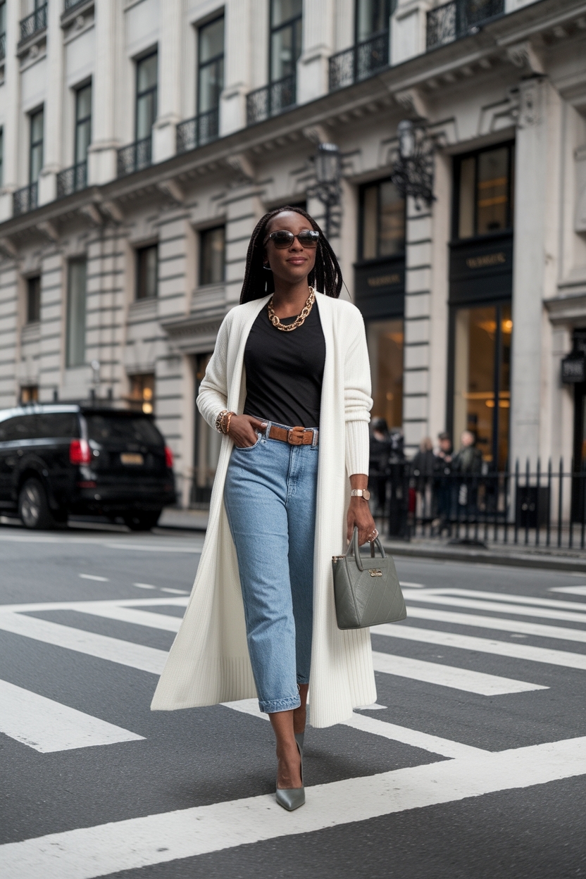 Versatile white long cardigan outfit black women Can Rock outfit idea
