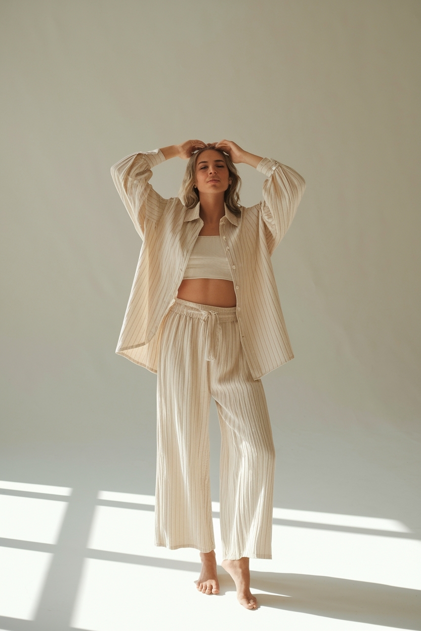 Woman Standing in Bright Studio Wearing Trendy Attire outfit idea